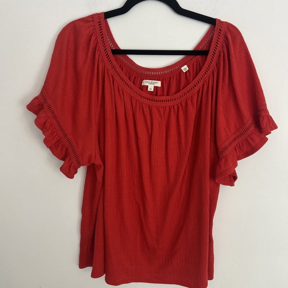 Max Studio 2X Tomato Red Lace Crochet Flutter Sleeves Scoop Neck Blouse